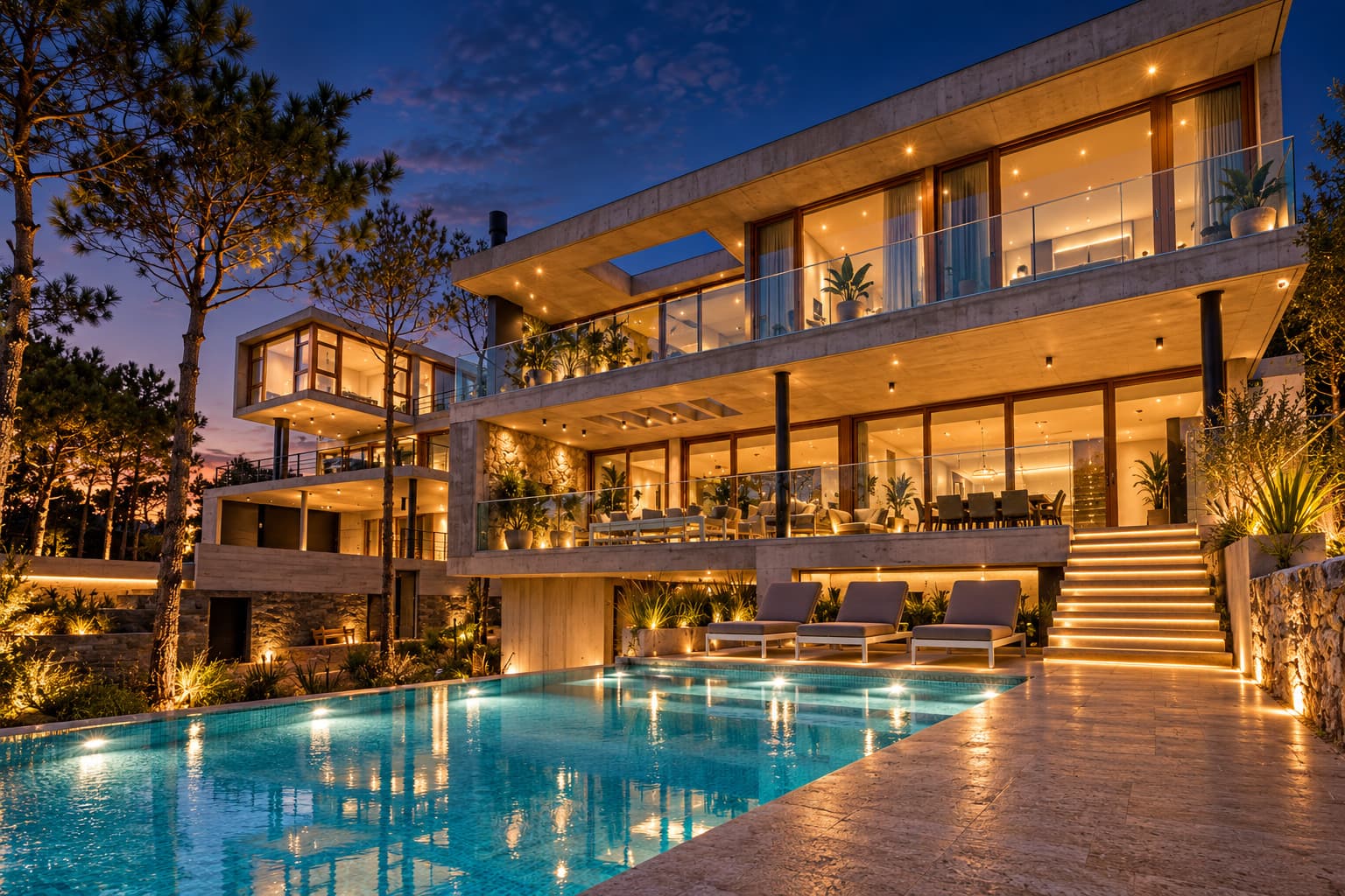 Residencia de hormigón con piscina iluminada al anochecer entre pinos